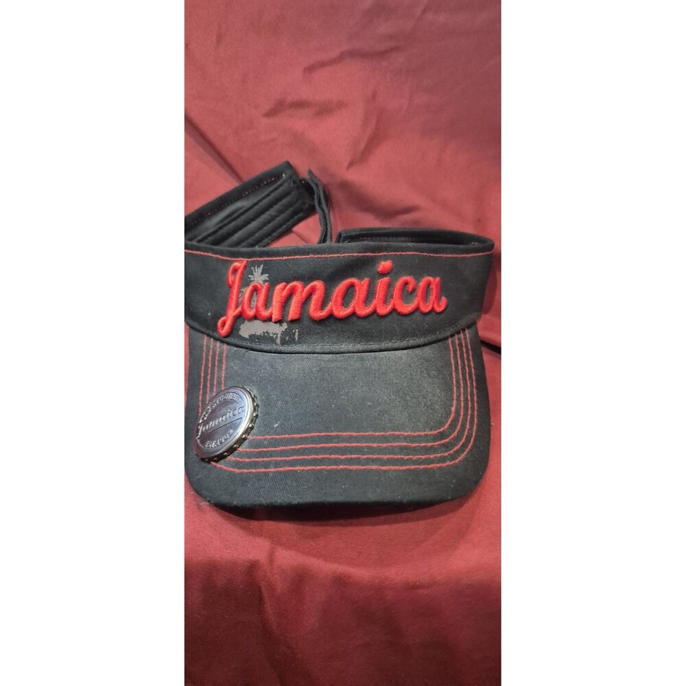 Jamaica Visor Hat with Bottle Opener Black Red Embroidered Souvenir Sun Cap EUC